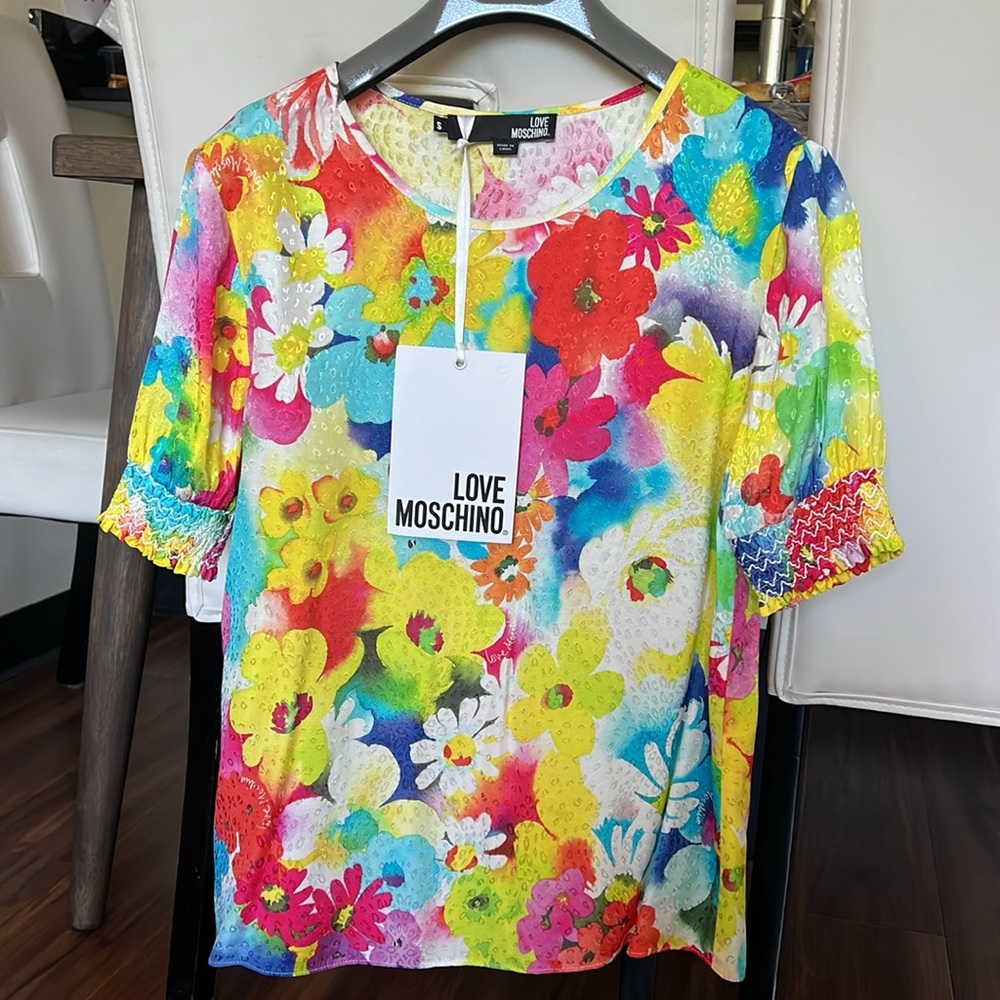 New Love Moschino Womens Bright Floral Flower Power Jacquard Blouse Top Small
